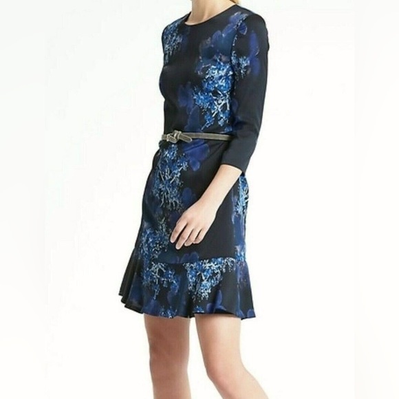 Banana Republic Navy Blue Floral Ruffle Hem Fit and Flare 3/4 Sleeve Dress 4 - Picture 1 of 10